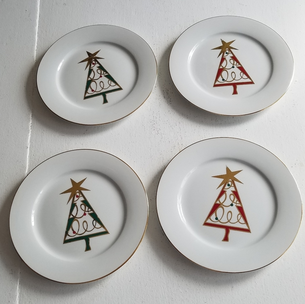 Set of 4 Pier 1 Porcelain Christmas Tree Salad Plates
